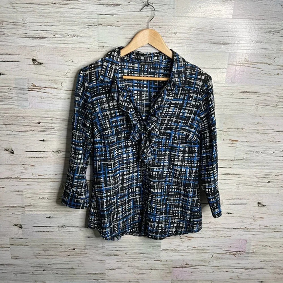 Ella moss black blue ruffle top blouse  career shirt size medium - Picture 1 of 9